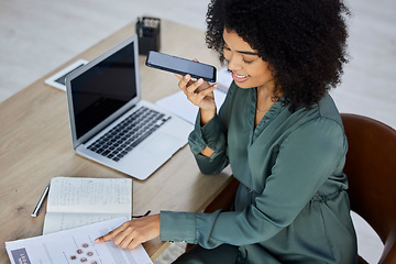 Image showing Business woman, phone and voice recording for telecommunication, consultation or advice at the office. Black female employee having a marketing discussion on speaker or phone call at the workplace