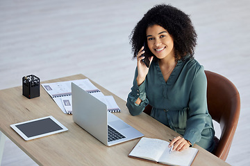 Image showing Business, woman and phone call for wifi communication in the office while planning schedule. Cellphone, call and leading businesswoman networking for negotiation about entrepreneurship deal