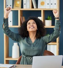 Image showing Corporate success, celebration and business woman winning while trading on a laptop at work. Motivation, achievement and employee happy and excited about stock market on the internet with a computer