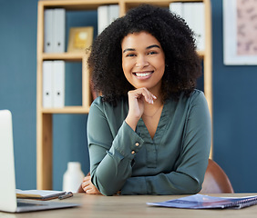 Image showing Face, happy and human resources with a business black woman sitting at a desk in her office. Portrait, smile and interview with a female hr manager working in hiring or recruitment for a company