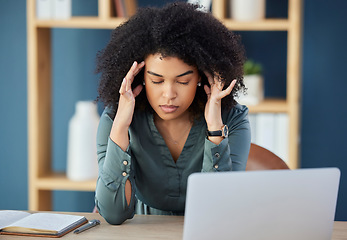 Image showing Headache, stress and business woman with laptop for compliance, accountability and burnout. Mental health, anxiety and sad with tired black woman at desk for management, tax or audit problem