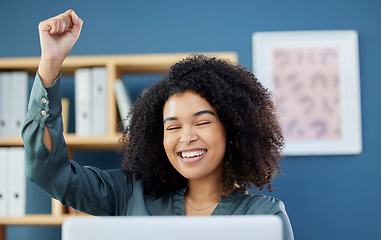 Image showing Celebration, success and black woman giving support to online trading, fintech and happy about promotion on a laptop. Goal, motivation and worker with smile for pc email, achievement and bonus