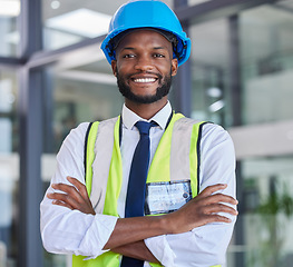 Image showing Portrait, construction and engineer man or construction worker with arms crossed in industrial startup office. Architecture, builder and industry with a male business owner in architect company