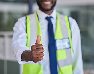 Image showing Black man, construction worker or thumbs up success, support and trust in office building, construction site or industrial warehouse. Zoom, smile or happy builder, property designer or engineer hand