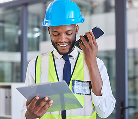 Image showing Construction worker, clipboard and phone with a man on a wifi call in a engineering office. Architecture, contractor and african American man reading list while on a phone call for industry