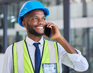 Image showing Engineer, phone call and communication while networking, contact and happy smile, conversation and talking about renovation. Construction worker, black man and engineering worker speaking on tech