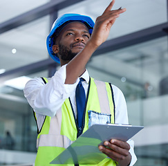 Image showing Architecture, checklist and inspection with construction worker planning for engineering, designer and building. Industrial, leadership and safety with black man for property, maintenance and vision