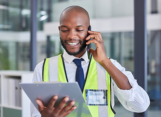 Image showing Black man with clipboard, phone call for communication during inspection, safety check and compliance. Logistics or construction with smartphone, tech and checklist for business quality assurance.