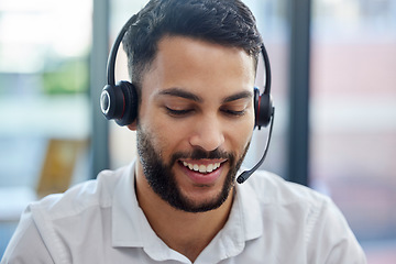 Image showing Call center, man and face with telemarketing staff in contact us agency for consultant advice in customer service call. Crm, operator and male customer support communication while consulting for sale