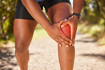 Image showing Exercise, pain and sports injury and knee pain while outdoor for running, training and workout with arthritis, orthopedic problem or fibromyalgia. Hands of athlete man after leg accident during run