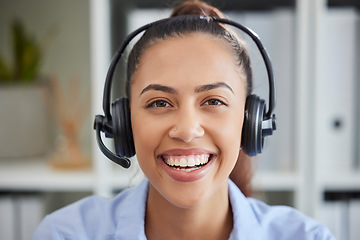 Image showing Call center, woman face and customer service, consulting and helping for solution, telemarketing or communication agency. Portrait of happy sales employee, receptionist and consultant with microphone