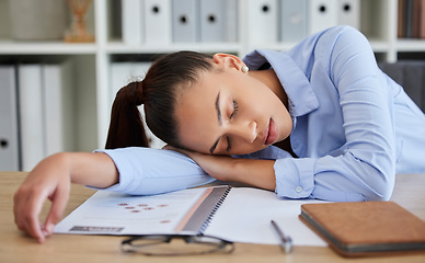 Image showing Business woman, burnout and tired while sleeping on desk, fatigue and fail with mistake, mental health at office. Depression, entrepreneur and sleep with overworked, problem and young woman dreaming
