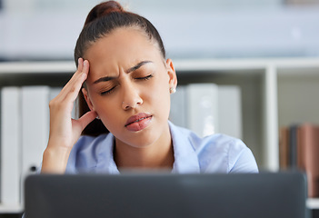 Image showing Headache, stress and burnout of business woman at computer with pain, stress and depression while tired and frustrated with work. Female entrepreneur at desk with anxiety and mental health problem