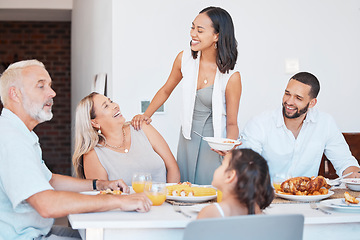 Image showing Happy family, eating lunch food and dinner table meal, social gathering or family lunch in dining room together. Smile, happiness and meal celebration, brunch and quality time to enjoy in family home