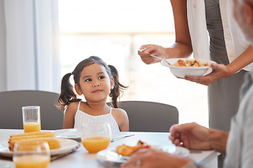 Image showing Hungry family, lunch food and child with hands of woman giving meal plate to youth kid at family reunion event. Love, happiness and young girl waiting for brunch buffet during quality bonding time