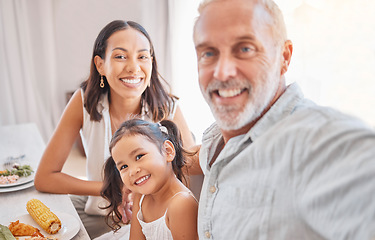 Image showing Selfie, family and generations with love and smile in portrait with grandfather, mother and child in picture. Meal time with food, care and bonding with happy family, diversity and relatives together