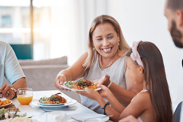 Image showing Food, family and children with a mother and daughter eating a meal around a dinner table for celebration. Health, diet and nutrition with a woman and girl enjoying lunch together in their home