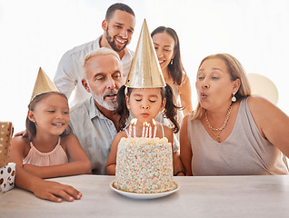 Image showing Children birthday party, birthday cake or candles for blowing out with mother, father and senior grandparents in home. Fun, excited or happy kids and dessert food in celebration event in family house