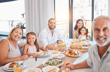 Image showing Family, selfie and smile with food and together for lunch or dinner meal, generations and happiness at family home. Grandparents, parents and girl children bonding, nutrition and happy in portrait.