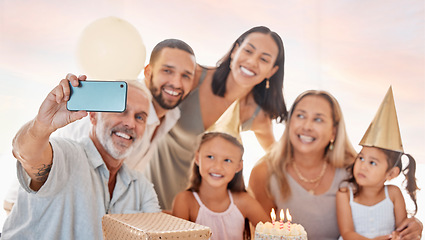 Image showing Party, family and birthday phone selfie with grandparents, parents and young children celebrating. Interracial, happy and celebration with birthday cake photograph of grandpa, grandma and kids.