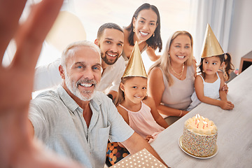 Image showing Birthday selfie, portrait family and cake with grandparents, children and parents in living room in house. Girl kids, mother, father and senior people taking photo at birthday party in family home