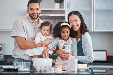 Image showing Happy family, baking and learning while teaching girl to bake in kitchen counter, love and fun together in home. Dad, mom and girl kids or baby with food, ingredients and flour for breakfast in home