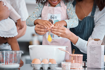 Image showing Baking, egg and mother helping her child in the kitchen to bake a cake, cookies or pie together. Ingredients, bonding and woman cooking a lunch meal with her daughter for event or party at their home