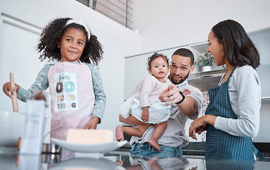Image showing Kitchen cooking, pointing and family of happy parents, baby and children learning to bake food, bonding and having fun. Black family love, child development and mother and father teaching kids baking