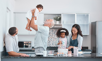 Image showing Family, children and baking with a senior man bonding with his granddaughter in the kitchen of a home. Love, grandparent and diversity with a mother and daughter learning to bake for cooking
