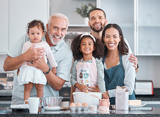 Image showing Big family, portrait and children learning baking from parents and grandfather in the kitchen of their house. Food, happy and kids, senior man and mother and father cooking with smile together