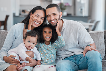 Image showing Happy family, portrait and love for relax on sofa together or quality time, support and relationship care in family home. Parents smile, excited children and happiness on couch in house living room