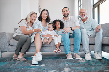 Image showing Big family, happiness and portrait of love, support and care of grandparents, parents and children together on living room couch. Smile of men, women and kids in brazil house for bonding and relax