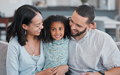 Image showing Family, child and bonding in home with love, care and affection in the family home to relax. Little girl, kid and mother, father and children relaxing and resting on the living room sofa