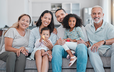 Image showing Big family, portrait and relax on sofa for quality time, support or relationship bonding in family home. Happy family, love and care for children, happiness and grandparents smile together on couch