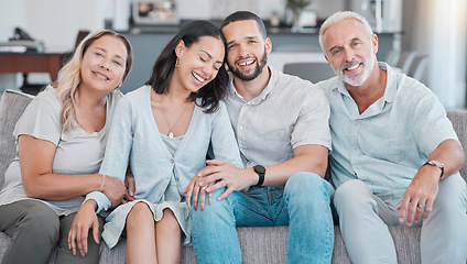Image showing Big family, love and happy on sofa in home, bonding and enjoying quality time together. Family care, happiness portrait and grandma, grandpa and man and woman on couch in living room relax in house