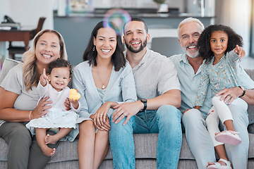 Image showing Big family, happy and relax portrait and happy smile, sitting on couch in home with love, care and support in lounge. Mother, father and grandparents with girl kids bonding, happiness and together