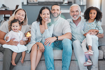 Image showing Big family portrait, love and living room in family home, house and sofa lounge, relax and bonding together. Grandparents, parents and smile kids of happy family, diversity and quality time on couch