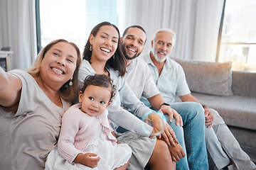 Image showing Big family, selfie and happy baby, parents and grandparents together on living room couch for bonding, love and care. Portrait of men, women and child together in their Puerto Rico house with a smile