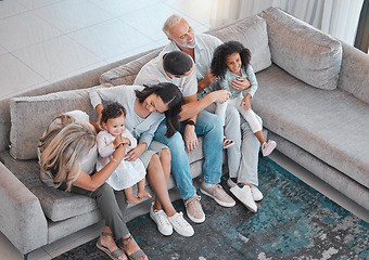 Image showing Happy family, children or parents bonding with senior grandparents on sofa in house or home living room. Top view, men or women with kids, girls and retirement elderly people together on lounge couch