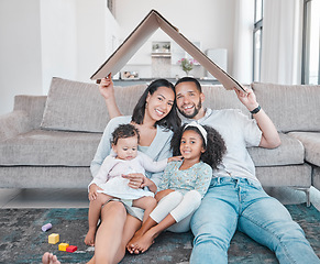 Image showing Happy family with kids in living room of new family home, property and excited homeowners. Future, real estate and family security in home with mortgage for dad, mom and children with roof over head.