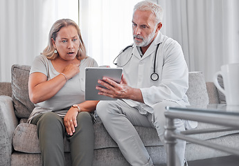 Image showing Doctor, patient and shock for test results on tablet, medical report and healthcare analysis, life insurance and online review. Stress, anxiety and surprised woman consultation in clinic with tech