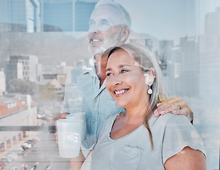 Image showing Couple, coffee and thinking at window about retirement future in morning together at home. Happy elderly woman, loving senior man and motivation support, vision and love or relax wellness with drink