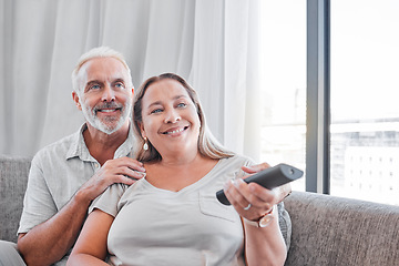 Image showing Senior couple, watching tv and relax on sofa in living room together for happy retirement. Love, streaming television and elderly woman with retired man relaxing on couch, smile for comic movie