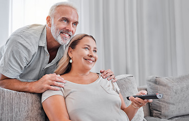 Image showing Relax, remote and senior couple watching tv show, global news or streaming subscription movie on home living room date. Love, television or retirement lifestyle of happy elderly man and woman bonding