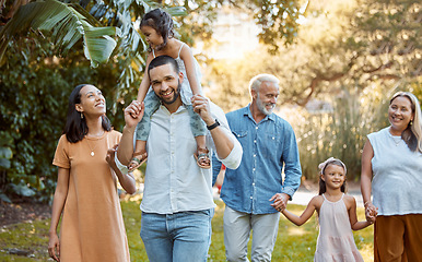 Image showing Big family, garden and bonding with children, grandparents and siblings during summer on holiday. Grandfather, grandmother and parents walking through forest for loving, caring fun with kids