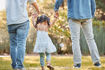 Image showing Holding hands, park and girl with father and grandfather walking, support and trust in nature. Peace, love and back of a child with family men on a walk on a field in the countryside in summer