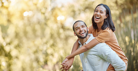 Image showing Summer, park and man piggyback woman enjoying freedom, holiday and vacation in nature together. Love, affection and happy black couple bonding, spend quality time and laughing on weekend in forest