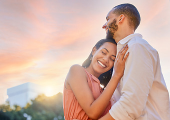 Image showing Happy couple hug in sunset, woman with smile and love in Sao Paulo sunshine on romantic vacation together. Happiness in marriage, evening date in garden holiday with girlfriend hugging man and mockup