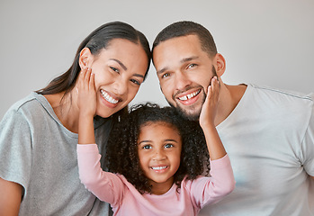 Image showing Portrait, girl and parents with happy, love and smile in morning, relax lifestyle and happiness. Mom, happy dad and smiling kid child, face together in pyjama for bonding, care and joy in family home