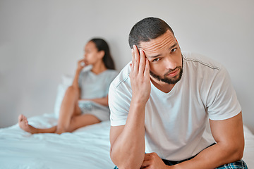 Image showing Couple, divorce and stress in home bedroom, fighting or argument. Portrait, anxiety and unhappy man and woman, sad and depressed after infidelity, toxic relationship or failed marriage in house.